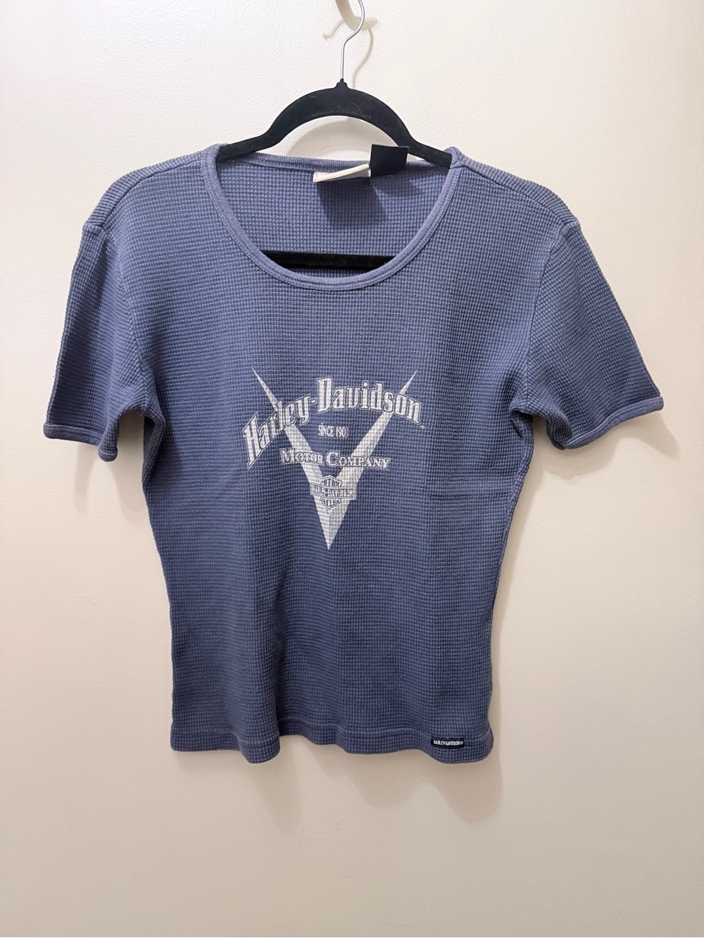 Vintage 90s Y2K Harley Davidson Blue Waffle Knit Biker Core Blues Graphic M